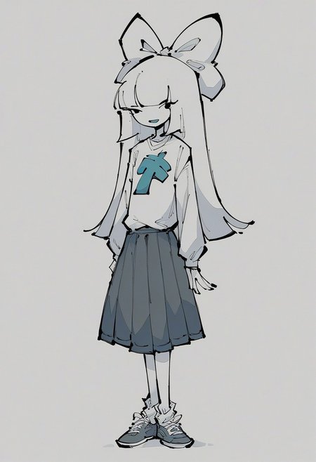 score_9, score_8_up, score_7_up, :3, best quality, OverallDetail, shiny skin, colored, line art, flat color, BREAK, PA, white hair, blunt bangs, straight hair, long hair, hair bow, colored skin, white skin, shirt, skirt, horse symbol, full body,