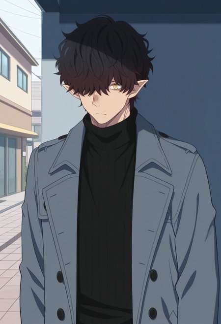 masterpiece,best quality,amazing quality, source_anime, 
Warumonosan, 1boy, male focus, solo, pointy ears, hair over one eye, yellow eyes, brown hair, sweater, black sweater, turtleneck, coat, grey coat, open coat,
outdoor,