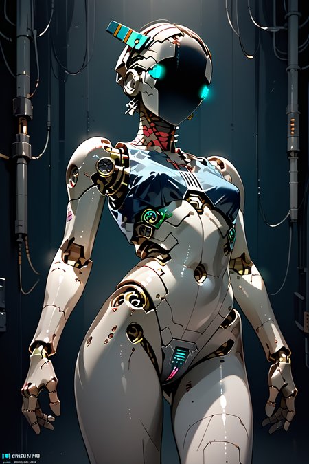 skinny, skinny legs, medium breasts, <lora:Aff_anne_droid_2_:1> anne_droid, droid, a humanoid female robot, smooth featureless face, robot joints, body made of metals, body panelling)), ((body made of shiny white metal)), white metal skin, (entirely white skin), industrial cyberpunk setting, digital eyes,, score_9, score_8_up, score_7_up, score_6_up, score_5_up, score_4_up