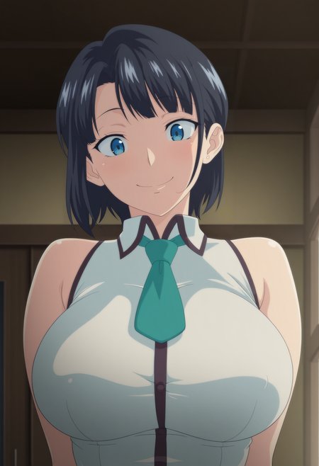 1girl,solo,mm,mature female,black hair,short hair,blue eyes,large breasts,anime coloring,
necktie,sleeveless,shirt,upper body, smile,indoors
,masterpiece,best quality,amazing quality,<lora:Kanako_Yoshino-Hajimete_no_Hitozuma_ix:0.8>