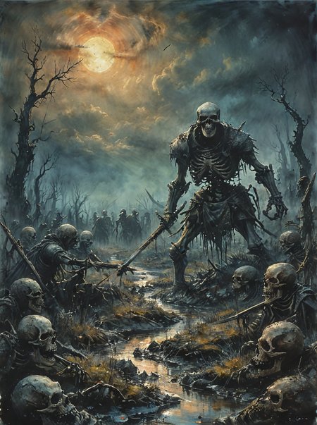 A desolate bog,where skeletal remains of fallen warriors rise from the muck,reanimated by a necromancer who seeks to build an army of the undead to conquer the living world.,
the scene is captured in dimly lit dark fantasy but vibrant colors,with bold ink lines defining form against the watercolor wash of the aged paper,<lora:Desolation:0.2>,<lora:XL_boss_battle:1>