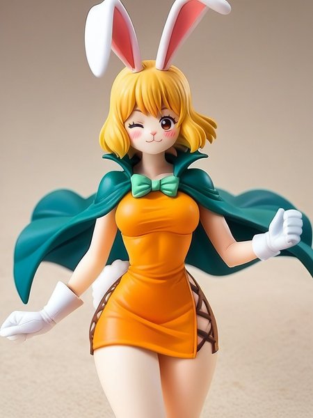 score_9, score_8_up, score_7_up, source_anime, 1girl, looking at viewer, blonde hair, rabbit ears, rabbit girl, furry female, very sexy, solo focus, looking at viewer, orange short dress, bare shoulders, green cape, white gloves, open clothes, smile, blush, cowboy shot, (dynamic pose:1.1), cute, medium breasts, thick thighs, sexy pose, dynamic angle, dutch angle, vegetation, sky, one eye closed, very happy,
<lora:CarrotXLP_character:1> CarrotXLP,  <lora:Anime_Figure_P1:1> figure,