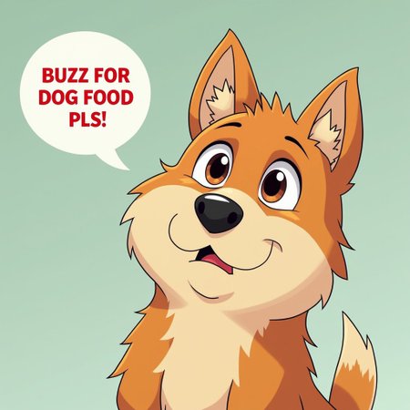 anime artwork sad dog speech bubble that says " buzz for dog food pls " , . anime style, key visual, vibrant, studio anime,  highly detailed, pixar style