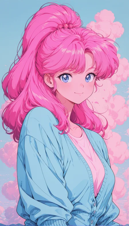 1girl, bubblegum pink hair, sleek ponytail, pastel pink hair, pastel blue cardigan, soft white top, smiling, fluffy pastel clouds, soft peach sky masterpiece, best quality, amazing quality, very aesthetic, absurdres, detailed eyes, newest, <lora:PinkieRetroAnimeIL:1>, pinkretroanime, retro art,
