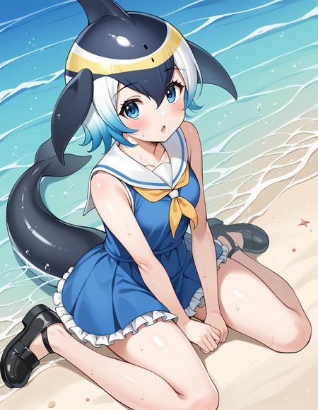 score_9, score_8_up, score_7_up, source_anime, rating_safe, BREAK <lora:cDolphinXL_LoRA-C3Lier_AdamW_Dim8_Alpha8_UN-3e-4_TE-1.5e-4_10batch_ponyDiffusionV6XL_v6StartWithThisOne:1>, common dolphin \(kemono friends\), 1girl, blue eyes, head fins, multicolored hair, white hair, short hair, cetacean tail, small breasts, blue dress, sailor dress, blush, frilled dress, sleeveless, pointy footwear, black footwear, :o, chestnut mouth, sitting, partially submerged, beach, day, looking at viewer, facing viewer, from above