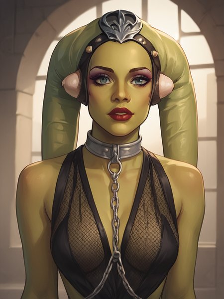 score_9, score_8_up, score_7_up, score_6_up, score_5_up, score_4_up,1girl,, (close up, face focus), indoors,standing, perfect body,outfit,face focus, thin waist, thighs, medium teardrop breasts, goddess body, perfect anatomy, looking at viewer,upper body, confident,
<lora:Smooth Anime Style LoRA XL:0.7>,
oola, green skin, headband, fishnet_outfit, collar <lora:Oola_Twi_Lek_r2:1>