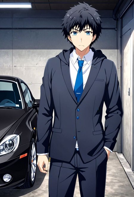 high resolution, solo, best quality, 1Boy, Arata Kaizaki, Black Hair, Blue Eyes, lounge suit, hoodie, car garage, OverallDetail