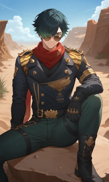 score_9, score_8_up, score_7_up, masterpiece, best quality, lots of details, (close-up), ((1boy)), looking at viewer, male focus, solo, Lighter, dark-green eyes, black hair, dark-blue hair, dark-green hair, gradient hair, hair over one eye, black jacket, red scarf, black gloves, green pants, sitting on rock, aviator sunglasses, epaulettes, closed mouth, light smile, shaded, detailed shading, detailed skin, shaded skin, realistic shading, Expressiveh, countershading:1.1, desert, sand, canyon, outdoors,  <lora:add-detail-xl:0.7>, <lora:Smooth Anime 2 Style SDXL_LoRA_Pony Diffusion V6 XL:0.8>, <lora:Expressive_H:0.8>, <lora:Lighter_XL_V10_OPT:0.9>
