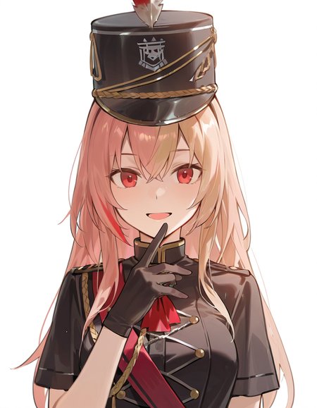 Volumetric Lighting, (masterpiece), (best quality), (ultra-detailed), masterpiece, source_anime, score_9, score_8_up, score_7_up BREAK, illustration, disheveled hair, detailed eyes, perfect composition, moist skin, intricate details, detailed eyes, detailed face, (((detailed fingers))) BREAK, long hair, blonde hair, pink hair, streaked hair, red hair, red eyes, BREAK, BirdsongInTheWood,BIW_dress, BIW_gloves, BIW_shako_cap,hat feather, BREAK, ((white background)), looking at viewer, smile,upper body,face focused, open mouth