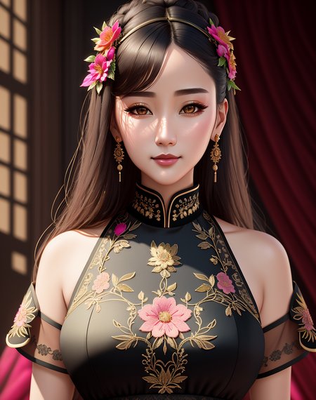 Masterpiece, high quality, 4K, beautiful design, shiny, from the front, award winning photo, extremely detailed, amazing, fine detail, absurdres, highly detailed woman, extremely detailed eyes and face, by lee jeffries nikon d850 film stock photograph 4 kodak portra 400 camera f1.6 lens rich colors hyper realistic lifelike texture dramatic lighting unrealengine trending on artstation cinestill 800 tungsten, solo, 1girl, dudou, pink,a woman smiling, excited , floral pattern, golden embroidery, black lining,woman wearing the dudou,LnF, a woman in a black lingerie, beautiful golden embroidery, leather , wearing LnF, 
 <lora:Dudou_LNF:0.8>