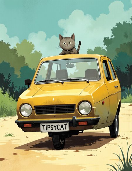 ppstorybook whimsical storybook illustration side view of a unique retro three-wheeled Reliant Robin car with the front wheel positioned in the center of the vehicle.  A wide eyed cat is driving. The license plate in the front says TIPSYCAT