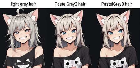 1girl, cute, cat ears, toothy grin, t-shirt, off-shoulder, light grey hair, black background