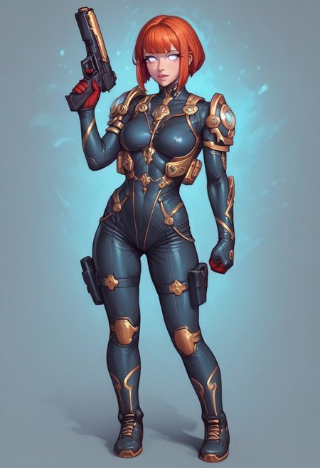 ((1girl, cute face, standing in wastelands, sands, dynamic pose,
Glowing aura surrounding a futuristic character like the Nomad, clad in a futuristic detailed brown suit handmade, (((army body armor))) patches on suit, redhead, long bangs,holographic blue light streaks, full face gasmask, (big shining white eyes without pupils:1.5), dynamic pose)), 
BREAK 
((((full closed)))), (((big futuristic gun in hands, sci-fi gun in hands)))
score_9, score_8_up, score_7_up, score_6_up, source_cartoon, rating_explicit, Expressiveh, (((((full body))))), dynamic pose, (big shining white eyes without pupils:1.5)