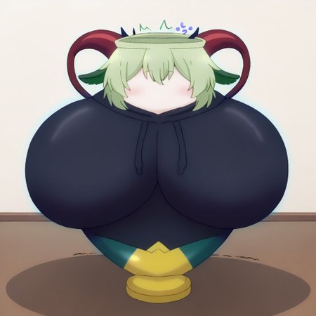Anime, Solo, 1girl, Femmy, green hair, (((dragon tail))), black hoodie,  clothed vase, (((goat ears))), (((horns))), black vase clothes, (((living vase))), (((vase))), faceless, living object, (((inanimate object))), notice line, thought bubble, breast, (((trembling))), ?, !