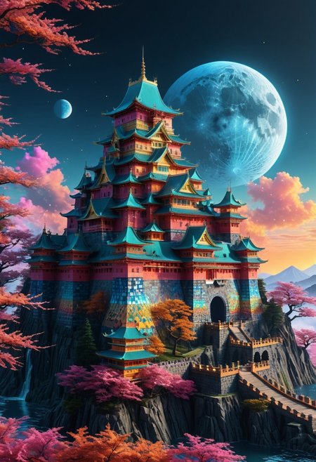 ((big castle made out of fractal geometric shapes)), masterpiece, best quality, newest, absurdres, highres, by an ancient japanese edo castle made out of fractangles, sunset, ink artwork, sharp color, fractangle sakura trees in the background, moon in background. The atmosphere is tranquil yet powerful, evoking a sense of nostalgia and wonder. Highly detailed character, precise silhouette, cinematic lighting, ultra-realistic textures, dreamy and immersive composition, masterpiece. sharp, ultra hd, 8k, 4k, artstation, (Fractangles), movie poster,  let angles and patterns evolve in unexpected ways, (geometric elegance, perfectly geometric, fractal elements)