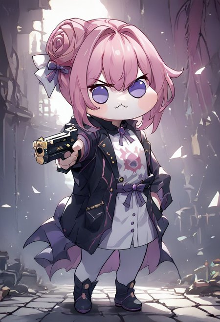 zPDXL2, score_9_up, score_8_up, score_7_up, (Anime_source), high detail face, best quality, absurd res, holding weapon, holding gun, handgun, hand in pocket, aiming, full body, doro, creatures, :3, chibi, pink hair, purple eyes, hair bun, hair bow, no humans, white skin, solid circle eyes, no pupils, four legs