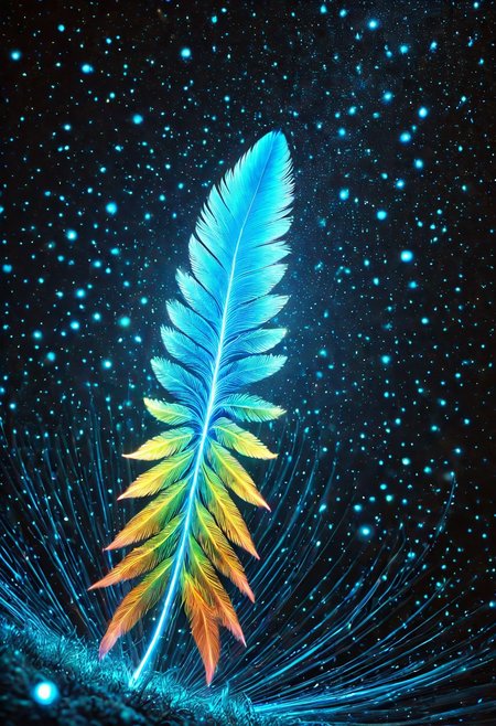 masterpiece, best quality, high resolution, absurdres, ultra-detailed, intricate details, ultra detailed, 8k, highly detailed, very aesthetic, professional 4k, Canon 5d mark 4, extremely detailed, very_detailed, high_detail, sharp focus, clean lines, perfect anatomy, realistic style,  
phoenix illuminated by bioluminescent feathers. glowing feathers, casting a soft, ethereal light. 
The overall atmosphere is serene and magical, with a starry night sky visible.
black background, 
film grain, cinematic, colorful, moody lighting, natural light, soft light, depth of field, bokeh, light particles, backlight, chiaroscuro, refraction, subsurface scattering