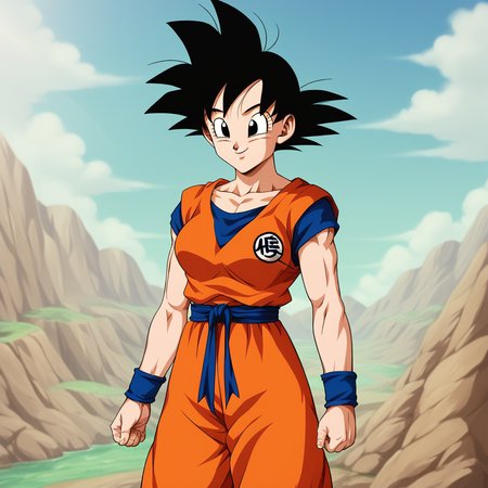 score_8_up, score_7_up, BREAK, goki, 1girl, solo, black hair, spiked hair, black eyes, dougi, wristband, base form, smile, cowboy shot, outdoors,  <lora:Female_Goku_Goki_PXL_Leaf1:1>