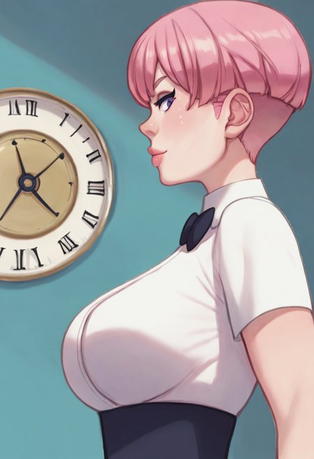 score_9, score_8_up, score_7_up, 1girl, large_breasts, portrait, solo, looking_at_viewer, open_eyes, Leaning back with hands stretched out, panorama, (Ochre Tuxedo), very short hair, marcel wave, Strawberry Blonde hair, clock tower, profile, rating_safe, <lora:pony\artist_styles\jamliz_pony:1.0>