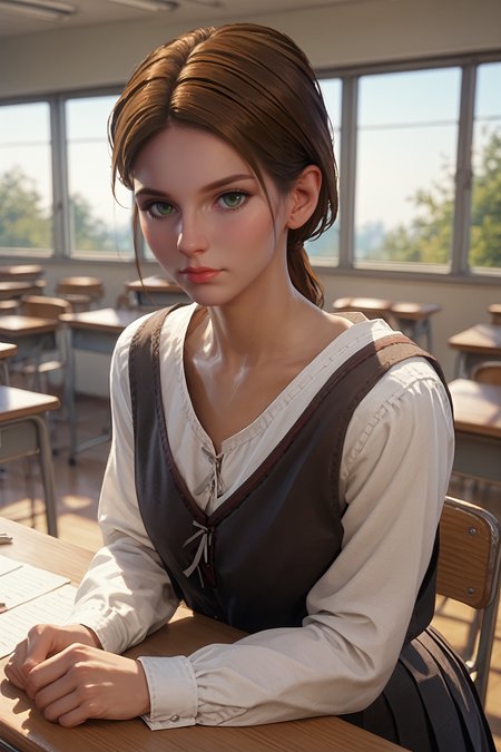 score_9, score_8_up, score_7_up, score_6_up
<lora:KCDTheresa:0.8>
KCDTheresa, 1girl, brown hair, green eyes, long hair, low ponytail, looking at viewer, in classroom, school uniform, leaning against desk