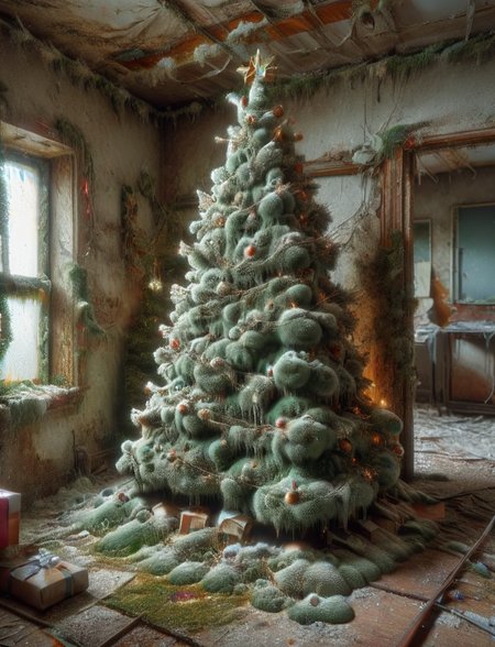 Christmas tree in an abandoned house, ral-mold, instant christmas, 8k, F2.8, RAW Photo, ultra detailed, <lora:ral-mold:1>  <lora:Instant_Christmas_Red_Team_LoRA_:1>
