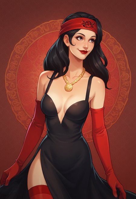 score_9, score_8_up, score_7_up, 1girl, solo, SulfS-PatR2, long hair, black hair, red headband, black dress, necklace, red stockings, upper body, red lipstick, red elbow gloves, black high heels,
detailed background, dancing, smiling,
<lora:Patty_Steelbeard_Character__Outfit_-_Risen_2_Dark_waters:0.8>,  <lora:Artist_Style_-_Alessandro_Barbucci_Ekho_Sky_Doll_PDXL:0.8> abarbucci-dh