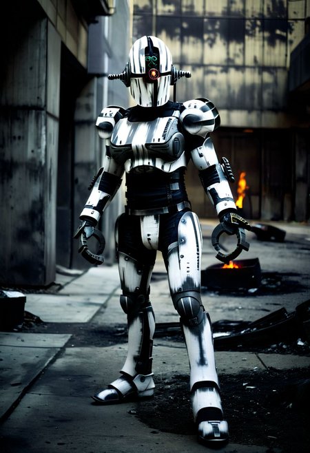 easynegative, extremely detailed, dark, chiaroscuro, low-key, AssaultronCosplay, zavy-strps, a white assaultron robot, ((the assaultron has grey stripes painted on its armor)), ((tiger stripe pattern)), in a burned out post-apocalyptic city, falloutlandsdxl