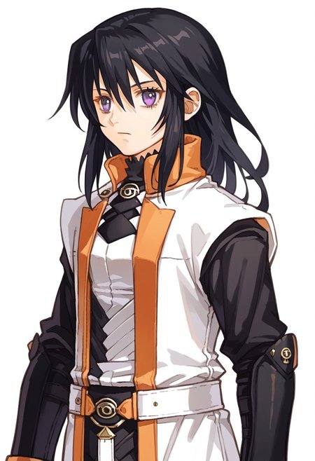 score_8, score_8_up, score_7_up, source_anime, fe10portraits, portrait, white background,  1girl, female focus, solo, Azlier_SN, black hair, bangs, hair between eyes, long hair, sidelocks, grey eyes, white coat, collared coat, sleeveless coat, open coat, gorget, black gorget, brooch, white shirt, turtleneck shirt, black turtleneck, black sleeves, armor, belt, bracers, black pants, looking at viewer, simple background, rating_safe