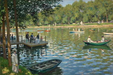 claudemonet1 painting. A lively riverside setting with people leisurely socializing on floating platforms. The water's surface reflects the dappled sunlight, with shades of blue, green, and hints of gold. Trees with lush foliage line the banks, their reflections shimmering in the water. Boats are moored along the shore, and figures are painted with loose yet expressive strokes, evoking a sense of movement and calm. The atmosphere is warm, evoking a tranquil summer afternoon by the water. <lora:claudemonet1_cap_d8a4e12:1.0><lora:843291342516874507:0>