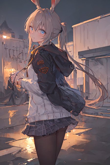 (Masterpiece, best quality, very detailed CG, highly detailed,beaultiful eyes, complex details:1.2),(1girl),vivid
cowboy shot,
walking,closed mouth,looking at viewer,(low ponytail:1.2),rabbit ears,
night sky,night,outdoors,
<lora:arknightsAMIYA_v20:0.9>