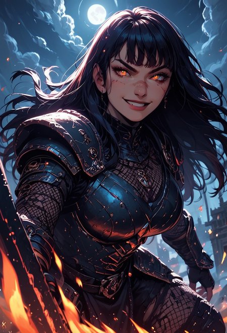 Score_9, Score8_up, Score_7_up, (((High Resolution, Best Quality))), 
1girl, beautiful, breasts, battle scarred, damaged armor, fishnets under armor, bangs, long hair, plated armour, holding sword, battle stance, dynamic angle, ancient fantasy city, battle-ready stance, dynamic pose, at night, moonlight, riding a nimbus cloud, nimbus, wukong theme, directional lighting, viewed from above,
Embers, firey glint in eye, partical effect, smirk, looking at viewer,