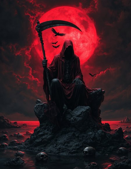 A grim reaper in a flowing red robe sits on a rocky outcrop by a body of water, holding a massive scythe. face is hidden, adding to the mystery. A massive full moon with a reddish glow illuminates the scene, casting eerie light across swirling red and black clouds. The moonlight reflects off the water, disturbed by sea of floating human skulls. Birds fly toward the moon, adding movement. The image is rich in contrast with dramatic lighting, enhancing the dark, foreboding atmosphere, <lora:aidmaMJ6.1:0.6>, <lora:fluxenhancer:0.3>, <lora:aidmaAbadonedHorror:0.6>