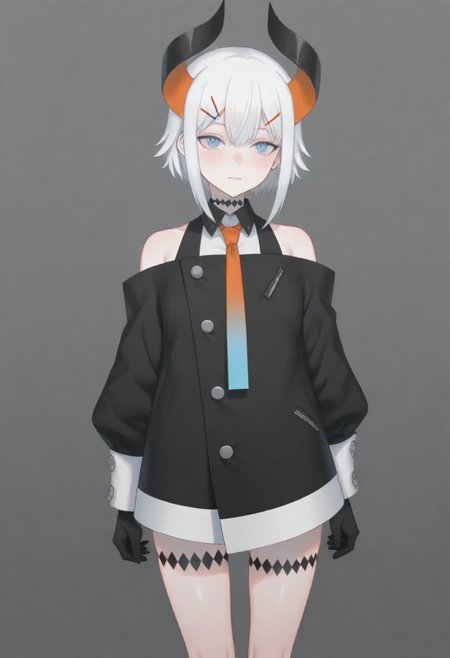 masterpiece, best quality, amazing quality,,, shiny skin,,,,,,,,nijilevi,,blue eyes,white hair,horn,pail skin,short hair,hairclip,nijilevicos,collared shirt,bare shoulder,gradient necktie,puffy long sleeves,white cuffs,black gloves,single thigh strap,