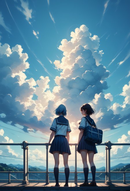 (score_9, score_8_up), score_7_up, short hair, multiple girls, skirt, 2girls, school uniform, standing, outdoors, sky, serafuku, day, cloud, cloudy, bag, from behind, blue sky, cloudy sky, scenery, backlighting, blue theme, railing, sun, 
blurry, depth of field, CINE,
 <lora:CINE-000012:0.9>