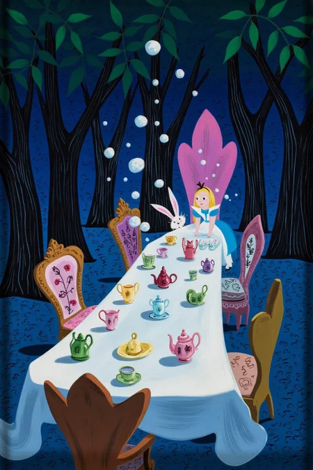 maryblair2 illlustration.
A tea table in a forest setting, covered with a white tablecloth and various teacups and teapots, some with floral designs. Several chairs surround the table, each with a unique pattern. Bubbles float in the air. At the head of the table sits a girl wearing a blue dress with a white apron. Beside her sits an anthropomorphic rabbit.
 <lora:maryblair3_cap_d6a3e9:1.0><lora:855882333335601643:0>