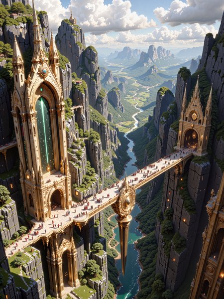 symmetrical architecture, vertical symmetry, photorealistic, realistic painting, late medieval high fantasy setting, epic and highly aesthetic, refined details, intricate decorations, muted colors, 8k, 16k, birds eye view, dappled sunlight, a sweeping view of a wondrous fantasy city carved into opposing towering cliffsides in a lush valley of a fantastical world, the cities architecture is grandiose and ornate, blending gothic and fantasy elements into an awe-inspiring tableau, the focus is a massive stone bridge stretching majestically across a deep chasm on towering symmetrical arches, it is connecting the left and right cliff of the valley, each cliff featuring elaborate, carved entrances framed by intricate stonework, the surface of the bridge is adorned with spires and elaborate carvings, the tall symmetrical arches beneath it reveal glimpses of a lush landscape of forests, rolling hills, and vibrant fields below and in the distance. a quaint meandering river deep at the bottom of the valley runs into the distance, reflecting the sky, a lively and diverse crowd crosses the bridge, some engage in animated conversations, others walk in quiet contemplation, and a few children scamper playfully near their guardians, the scene exudes life and movement, with each figure contributing to the richness of the narrative. the background showcases a verdant forest stretching across the horizon, its lush greenery adding softness to the otherwise imposing gothic architecture, sunlight filters dramatically through the clouds above, casting long, dynamic shadows across the bridge and cliffs, the interplay of light and shadow highlights the intricacies of the stonework and the finely detailed fabric of the travelers' garments, the golden-hour glow contrasts with the cool, shaded areas of the bridge and chasm, creating a harmonious balance of warmth and depth. the composition is meticulously detailed, emphasizing the tactile realism of the intricately carved stone bridge and the delicate folds of the travelersâ clothing, the high vantage point captures the immense scale and grandeur of the scene, immersing the viewer in the overwhelming beauty and complexity of this fantastical world, distant elements are painted with a softer focus, drawing the eye toward the richly detailed foreground and the majestic bridge at the heart of the image. this cinematic scene, bathed in golden light, merges fantasy splendor with dramatic scale, the transitions between light and shadow evoke a sense of depth and mystery, while the masterful attention to detail celebrates the harmonious blend of architectural marvels, natural beauty, and the vibrant energy of a diverse, living world, a harmonious color palette of beige, deep greens, and blue, in the style of ck-ovf, <lora:ultima-flux-by_sterlingangel:0.36> <lora:epic_gorgeous_details-balance-flux-by_flyway:0.8> <lora:style-oneviolentfantasy-ep21-flux-by_chronoknight:0.8>