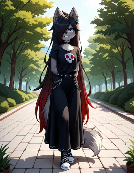 masterpiece, best quality, very aesthetic, absurdres,
outdoors,
full body,  body, standing, posing, 
goth fashion, 
 seductive smile, parted lips, long eyelashes,
<lora:Kayla_Kitsune_v01_NAIXL:1>
K41l4,1girl,solo,furry,furry female,very long hair,multicolored hair,black hair,red hair,gradient hair,hair over one eye,animal ears,earrings,blue eyes,freckles,snout,animal nose,choker,body fur,wolf tail,
