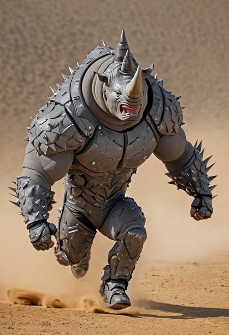 lazypos, the Rhino, 1boy, solo, grey gloves, black eyes, spikes, armor, bodysuit, big biceps, 6 pack abs, forged carbon skin and armour, raging, running towards viewer, dynamic, motion lines, dramatic, surreal, ground shaking,