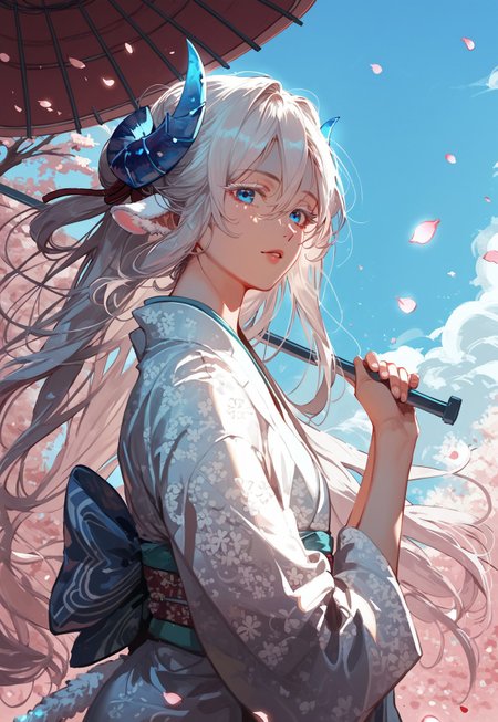 score_9, score_8_up, score_7_up, anime, best quality, 1boy, white hair, sky blue eyes, long eyelashes, white eyelashes, light skin, flat chest, perfect face, detailed body, cute, small, hair between the eyes, side-parted hair, small crystal horns, sky blue horns, fluffy sheep ears, white sheep ears, long dragon tail, long hair,
,
, 
dynamic pose, expressive, dynamic pose, dynamic angle, volumetric lighting, cinematic lighting,
,
,
kimono, holding umbrella, cherry blossom, looking at viewer, petals falling,
