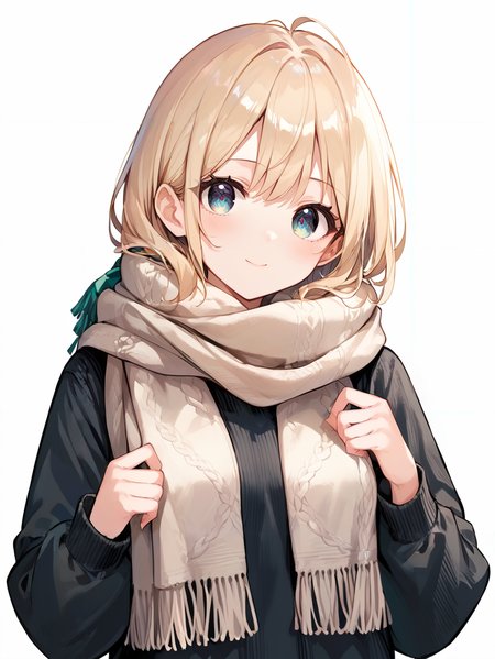 score_9, score_8_up, score_7_up,source_anime, high res image,masterpiece,best quality,(girl:1.0),cute face,clear skin,shiny hair,ultra detailed eyes,simple background, <lora:scarf_pony_V1.0:1> scarf, sweater