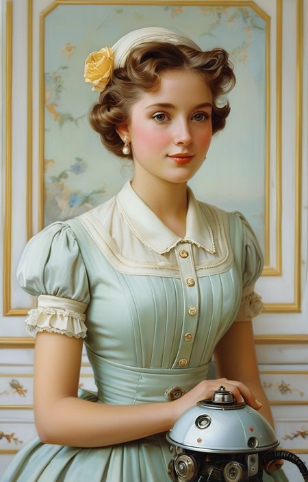 masterpiece,best quality,<lora:tbh362-sdxl:0.6>,illustration,style of  Vittorio Reggianini, portrait of Housework robots