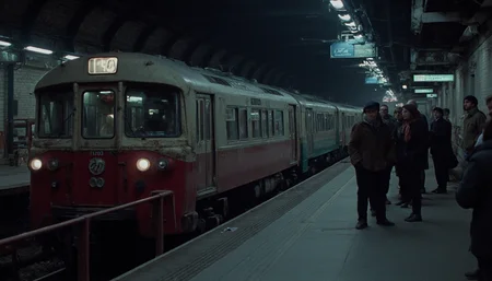 cinematic full shot of a group of people on a train station platform at a winter night, with a decripit 1970s train arriving. Filmed down the length of the platform to give an impression of depth, shallow depth of field, bokeh. Cold artificial light at night, coming from neon tubes. High resolution. 2010s movie <lora:dark_cinematic-000080:1>