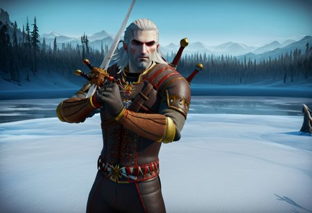 geralt as a (nutcracker), holding a sword, 
high guard sword parry stance,
at a frozen lake,
game screenshot,
looking at the camera,
sfw