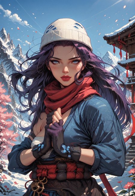 ((zPDXL3)), score_9, score_8_up, score_8, (sexy:2.5), Fantasy, perfecteyes, ultra detailed, high resolution, high quality, masterpiece, intricate details, intricate body, intricate landscape, knva, Expressiveh, European Instagram Model, upper body shot, low light, temple, mountaintop temple, snowcap mountain, swirling flower petals,
BREAK
Character: 1girl, solo, source_cartoon, mature female, sailocke, blue eyes, long hair, 
Clothing: gloves, ponytail, scarf, sarashi, gloves, (ronin hat),
Character Pose: confident stance, cocked hip, cowboy shot, beautiful, full lips, looking at viewer, closed mouth,
<lora:4th_tail_v0.3_lora_extract_l:0.60>