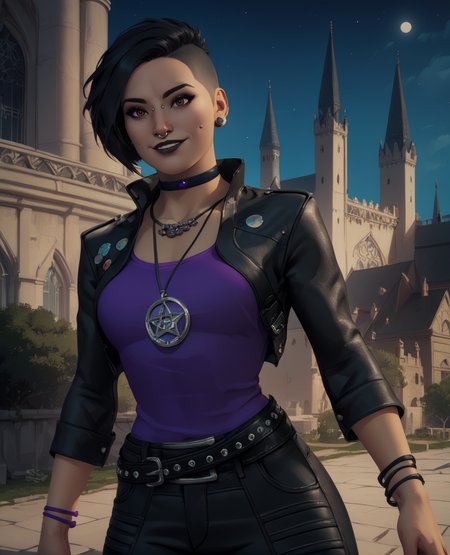 score_9,score_8_up,score_7_up,score_6_up,
nicoxl,piercing,nose piercing,black hair,hair to side,black lips,short short hair,brown eyes,
earrings,necklace,leather jacket,purple shirt,belt,black pants,bracelet,choker,
standing,light smile,upper body,
night,outside,cathedral,wall,<lora:nicoXL:0.8>,