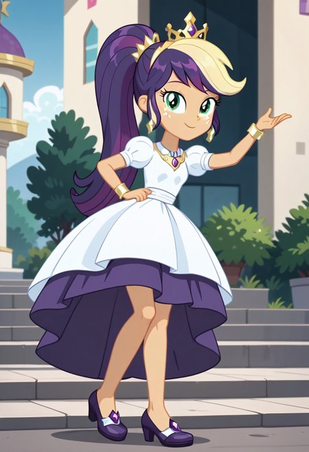 score_9, score_8_up, score_7_up, score_6_up, from My Little Pony Equestria Girls, a very young little human girl Applejack wearing a fit blue|sky|green|brown|darkpurple|red|yellow gradients colors short princess dress, elegant detailed princess shoes, solo, 1girl, little princess girl, gradient golden blond hair with crown hairband, smile, childhood, looking at viewer, glow detailed eyes, garden of canterlot, tul, chiffon, laces, semi realistic cartoon, unreal engine 5,  full body close-up, absurdres, digital art, soft light, perfect hands, perfect, hands, perfection, soft orange skin, green eyes, apples accesories and shoes, jewelery, tres chic,<lora:age_slider_v4:-4>,