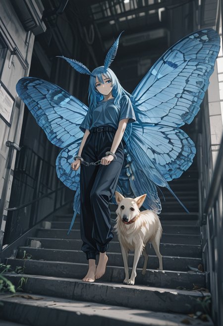 masterwork, masterpiece, best quality, detailed, depth of field, , high detail, best quality, very aesthetic, 8k, dynamic pose, depth of field, dynamic angle, adult, aged up, <lora:86nononostyle:1>,86_(nononononoway)  ,  1girl,antennae,arthropod_girl,barefoot,blue_eyes,blue_hair,butterfly_wings,cuffs,expressionless,handcuffs,insect_wings,long_hair,moth_girl,multiple_wings,pants,short_sleeves,solo,wings , 1other,animal,bone,creature,dog,goat,greyhound,horns,oversized_animal,stairs