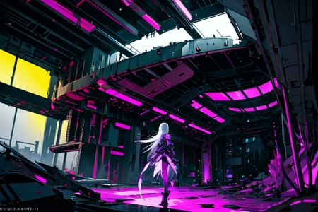 highly insanely detailed, masterpiece, top quality, best quality, highres, 4k, 8k, RAW photo, (very aesthetic, beautiful and aesthetic),  
tsutomu nihei,nihei_tsutomu,blame!,blame gakuen!,abara,TNstyle,sidonia_no_kishi,(lab,deep horizon,hangar,sidonia \(ship\)),bridge,lantern,empty,dark background,no human,vast scenery,perspective,cyberpunk,decrepit,open space,futuristic, 
<lora:blamev2:0.3>, 
(1girl:1.3), 
solo focus, 
neon yellow background,neon purple background,neon white background,(tie-dye color background),âââ