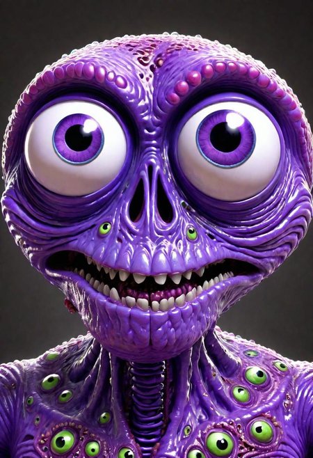 3d,art by pixar,cartoon, a fleshmutant slimey purple zombie, big eyes, goo