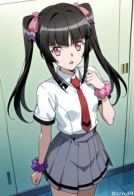 score_9, score_8_up, score_7_up, BREAK zPDXLx, mur4k4mi-ip, aanime screencap, anime art style, senki zesshou symphogear, twintails, crimson eyes, 1girl, solo, black hair, long hair, skirt, necktie, twintails, shiny hair, scrunchie, shiny, wrist scrunchie, looking at viewer, open mouth, red necktie, shirt, bangs, pink eyes, white shirt, blunt bangs, grey skirt, short sleeves, purple scrunchie, standing, twitter username, school uniform, pink scrunchie, hair ribbon, pleated skirt
